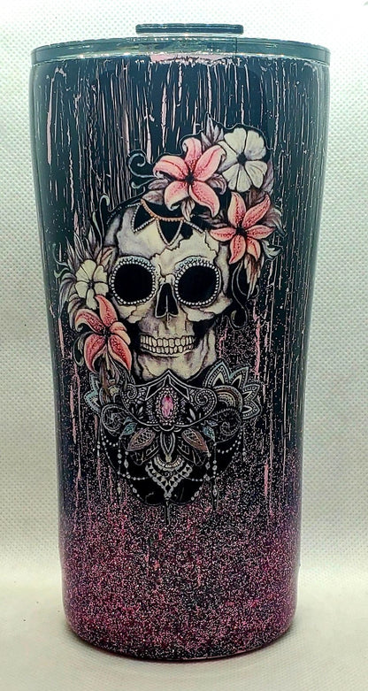 20 oz Pink Crackle Glitter Skull Tumbler